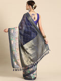 Navy Blue Kanjeevaram Silk Digital Print Geomatric Saree with Unstitched Blouse - Hiral Fashion