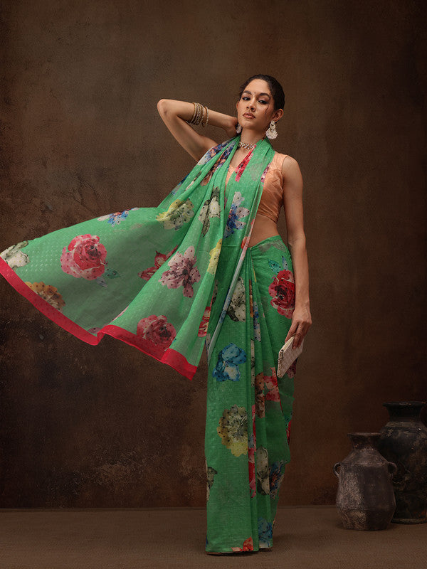 Green Chiffon Digital Print Floral Saree with Unstitched Blouse - Hiral Fashion