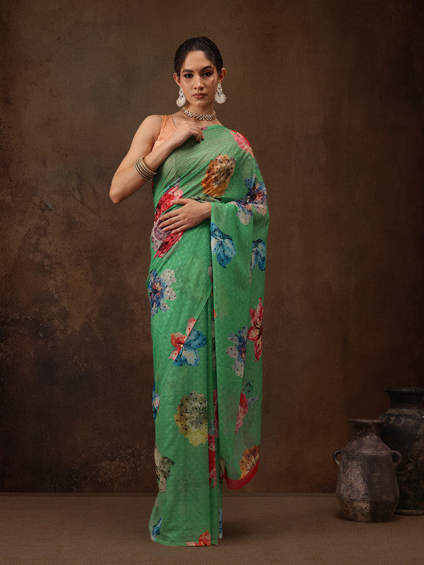 Green Chiffon Digital Print Floral Saree with Unstitched Blouse - Hiral Fashion