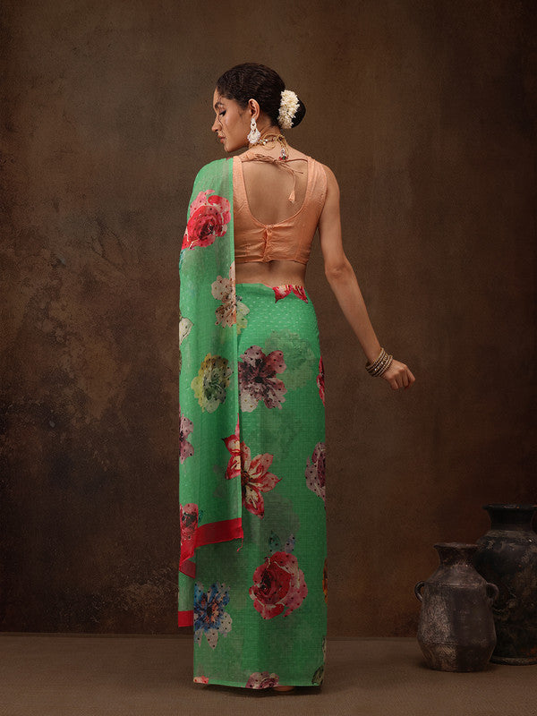 Green Chiffon Digital Print Floral Saree with Unstitched Blouse - Hiral Fashion