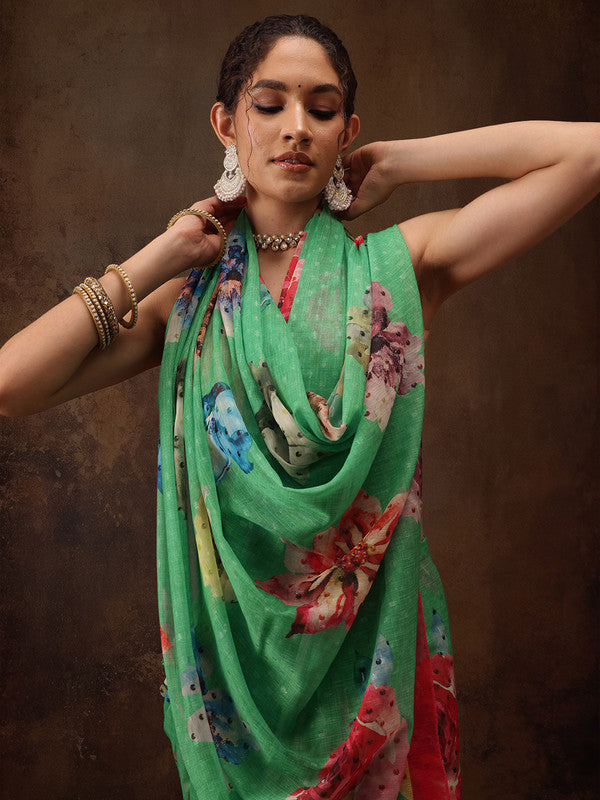 Green Chiffon Digital Print Floral Saree with Unstitched Blouse - Hiral Fashion