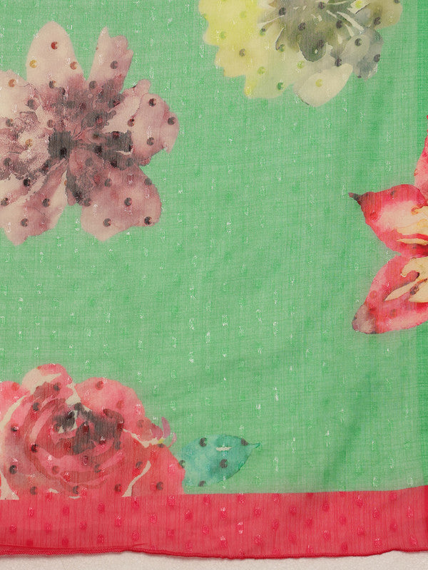 Green Chiffon Digital Print Floral Saree with Unstitched Blouse - Hiral Fashion