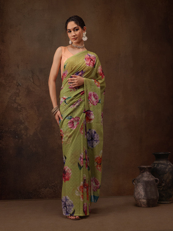 Olive Chiffon Digital Print Floral Saree with Unstitched Blouse - Hiral Fashion