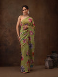 Olive Chiffon Digital Print Floral Saree with Unstitched Blouse - Hiral Fashion