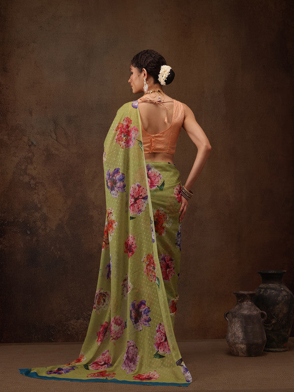Olive Chiffon Digital Print Floral Saree with Unstitched Blouse - Hiral Fashion