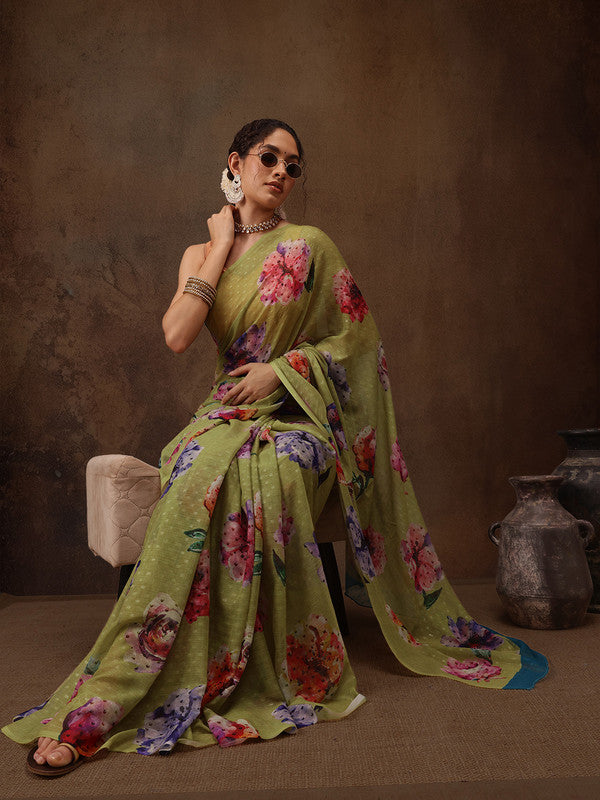 Olive Chiffon Digital Print Floral Saree with Unstitched Blouse - Hiral Fashion