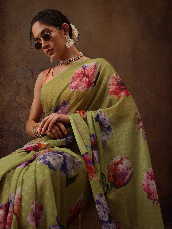 Olive Chiffon Digital Print Floral Saree with Unstitched Blouse - Hiral Fashion