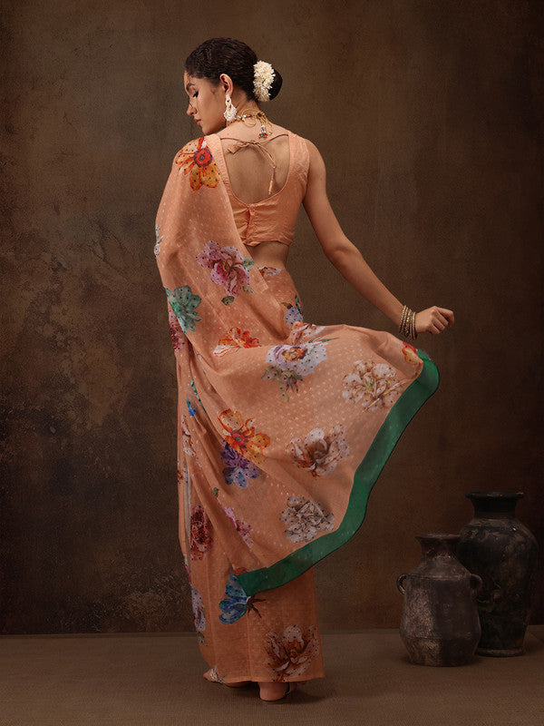 Peach Chiffon Digital Print Floral Saree with Unstitched Blouse - Hiral Fashion