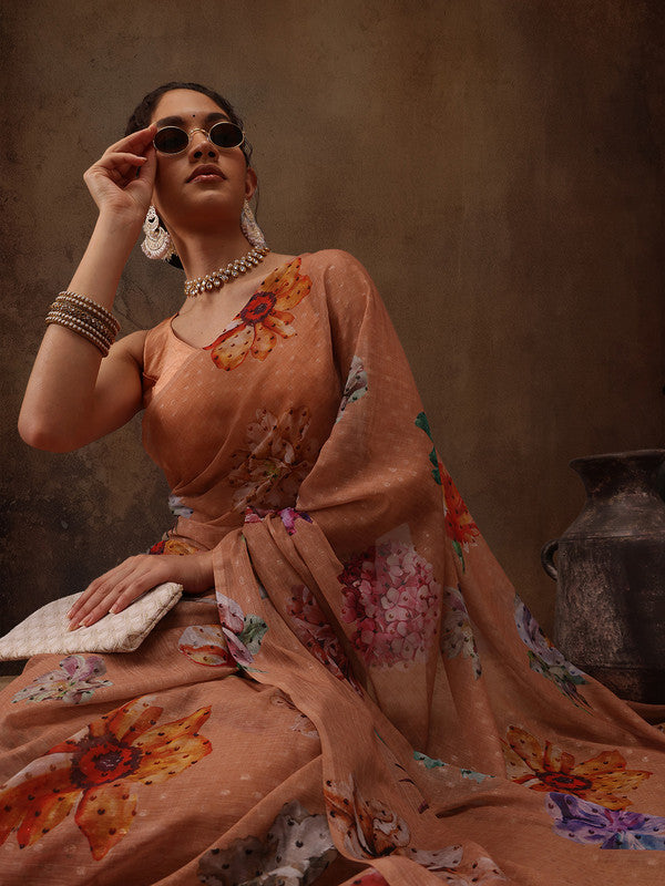 Peach Chiffon Digital Print Floral Saree with Unstitched Blouse - Hiral Fashion