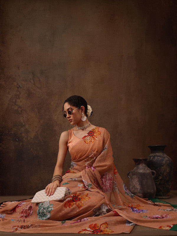 Peach Chiffon Digital Print Floral Saree with Unstitched Blouse - Hiral Fashion