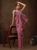 Pink Chiffon Digital Print Floral Saree with Unstitched Blouse - Hiral Fashion