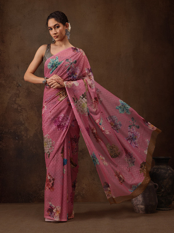 Pink Chiffon Digital Print Floral Saree with Unstitched Blouse - Hiral Fashion