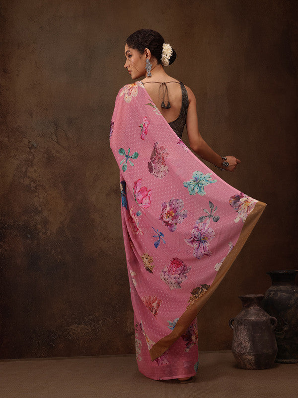 Pink Chiffon Digital Print Floral Saree with Unstitched Blouse - Hiral Fashion
