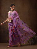 Purple Chiffon Digital Print Floral Saree with Unstitched Blouse - Hiral Fashion