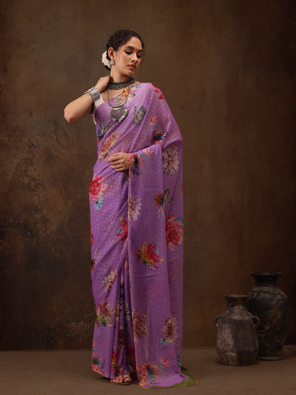 Purple Chiffon Digital Print Floral Saree with Unstitched Blouse - Hiral Fashion