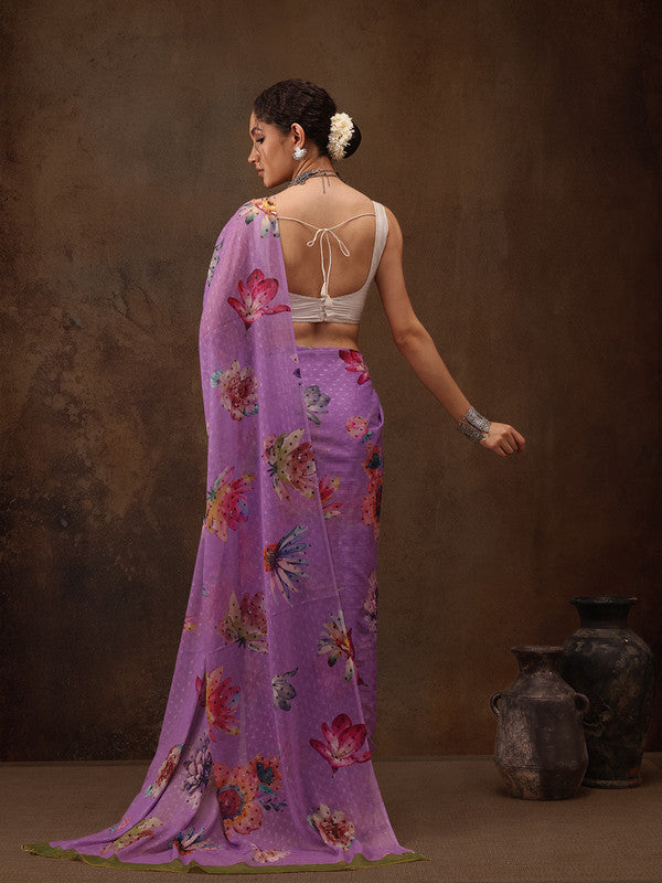 Purple Chiffon Digital Print Floral Saree with Unstitched Blouse - Hiral Fashion