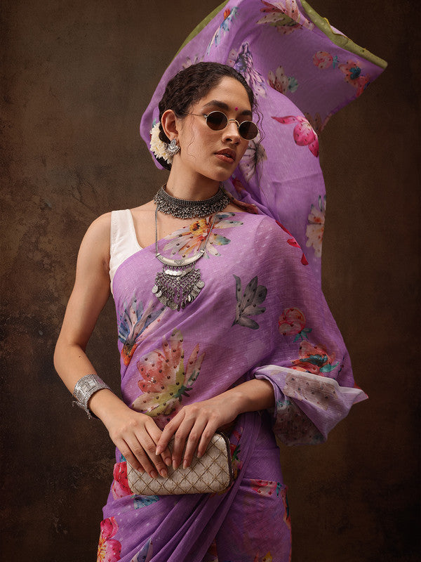 Purple Chiffon Digital Print Floral Saree with Unstitched Blouse - Hiral Fashion