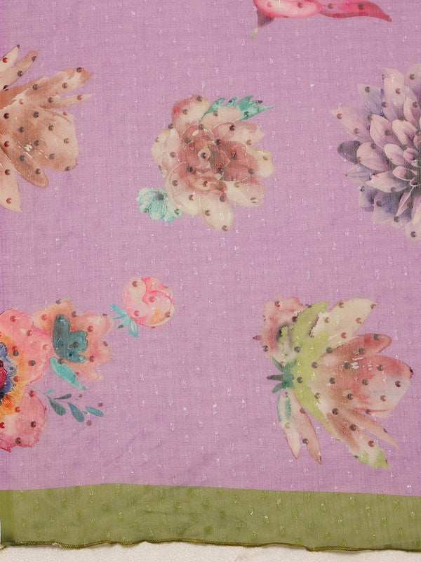 Purple Chiffon Digital Print Floral Saree with Unstitched Blouse - Hiral Fashion