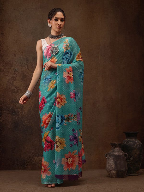 Turquoise Chiffon Digital Print Floral Saree with Unstitched Blouse - Hiral Fashion