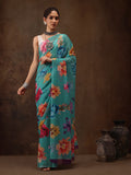 Turquoise Chiffon Digital Print Floral Saree with Unstitched Blouse - Hiral Fashion