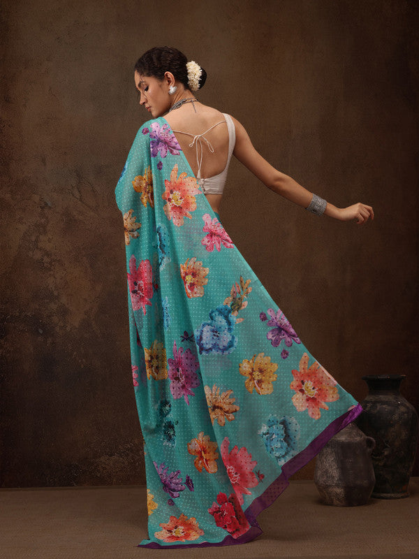 Turquoise Chiffon Digital Print Floral Saree with Unstitched Blouse - Hiral Fashion