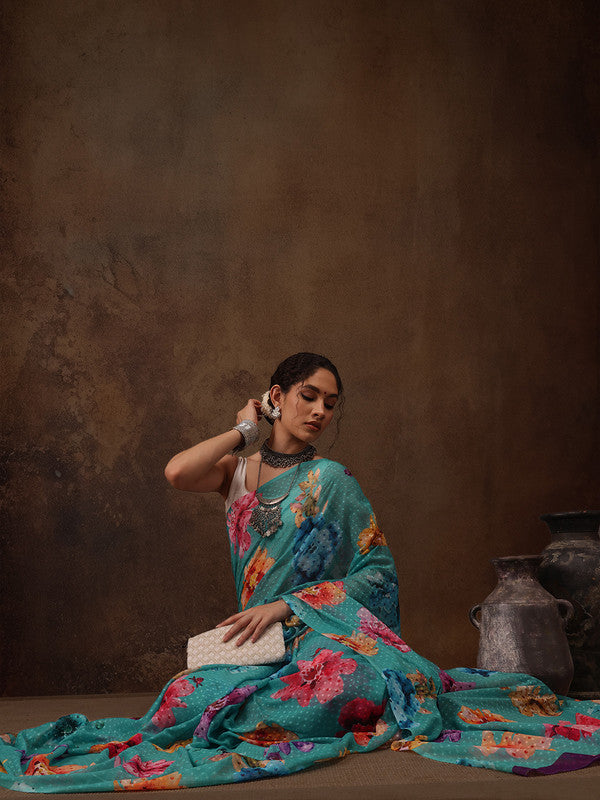 Turquoise Chiffon Digital Print Floral Saree with Unstitched Blouse - Hiral Fashion