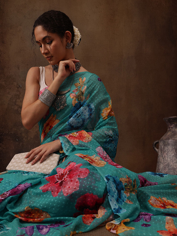 Turquoise Chiffon Digital Print Floral Saree with Unstitched Blouse - Hiral Fashion