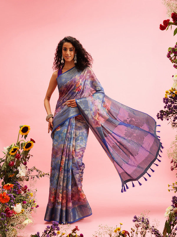 Blue Cotton Digital Print Floral Saree with Unstitched Blouse - Hiral Fashion