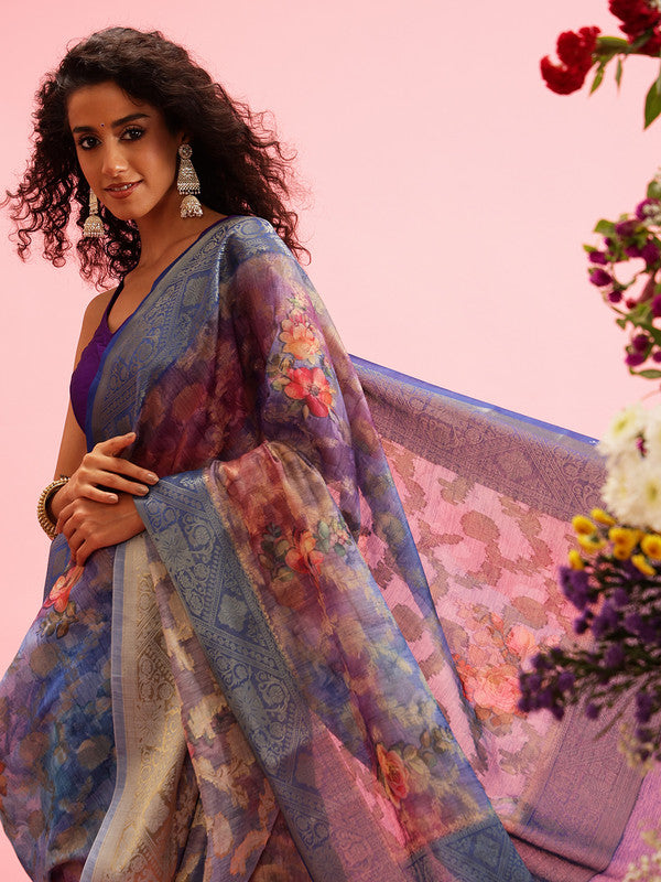 Blue Cotton Digital Print Floral Saree with Unstitched Blouse - Hiral Fashion