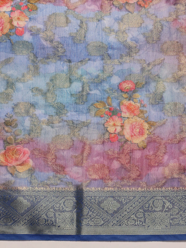 Blue Cotton Digital Print Floral Saree with Unstitched Blouse - Hiral Fashion
