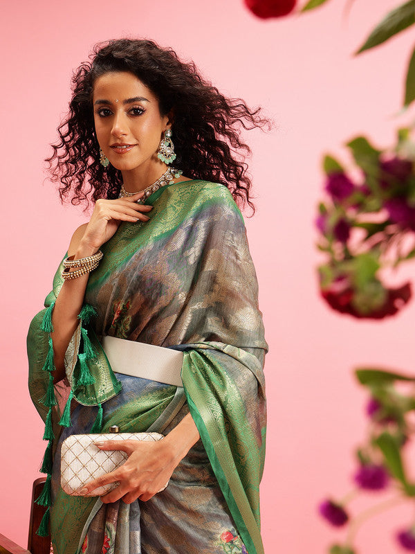 Green Cotton Digital Print Floral Saree with Unstitched Blouse - Hiral Fashion