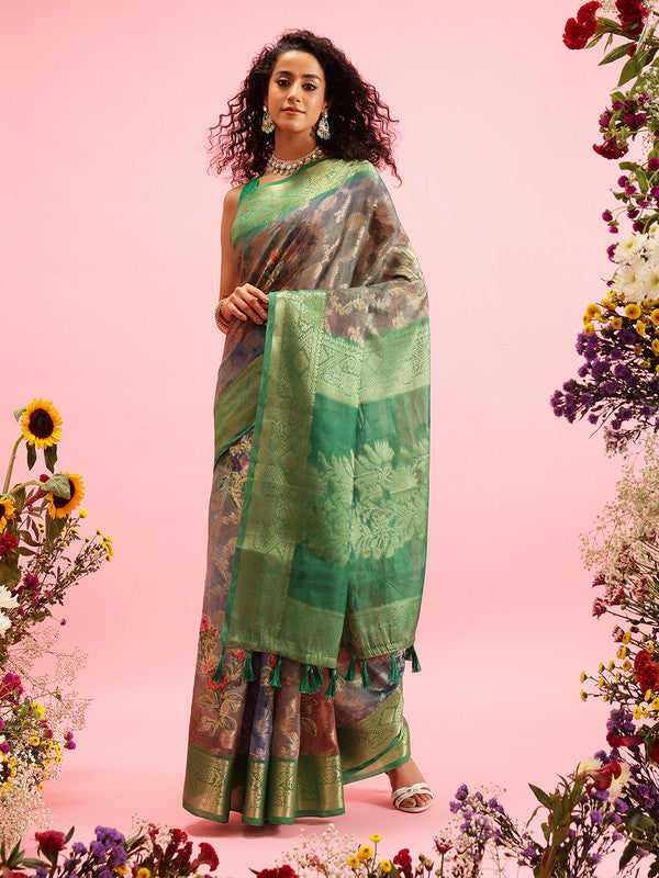 Green Cotton Digital Print Floral Saree with Unstitched Blouse - Hiral Fashion