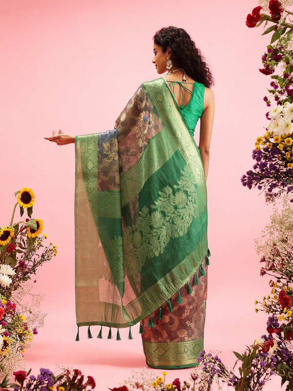 Green Cotton Digital Print Floral Saree with Unstitched Blouse - Hiral Fashion