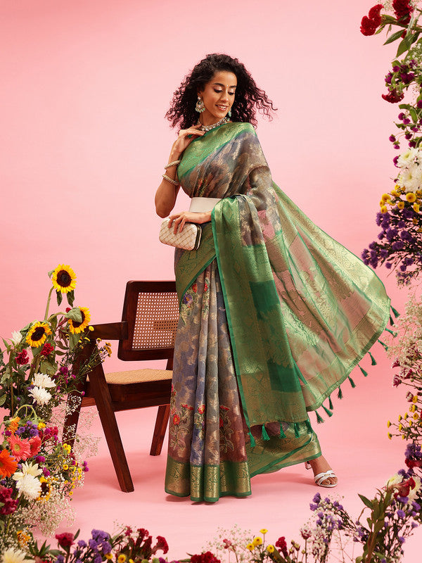 Green Cotton Digital Print Floral Saree with Unstitched Blouse - Hiral Fashion