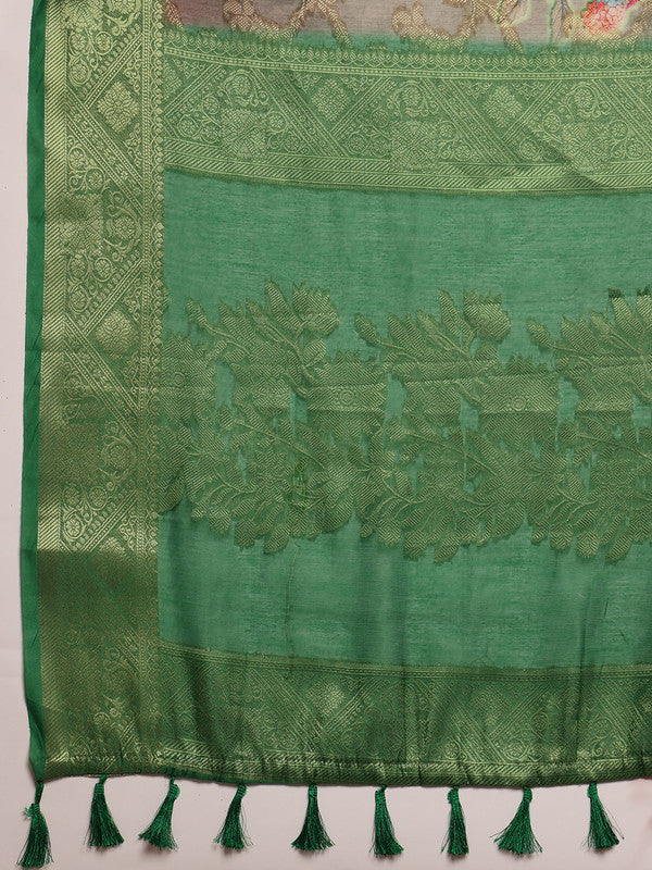 Green Cotton Digital Print Floral Saree with Unstitched Blouse - Hiral Fashion