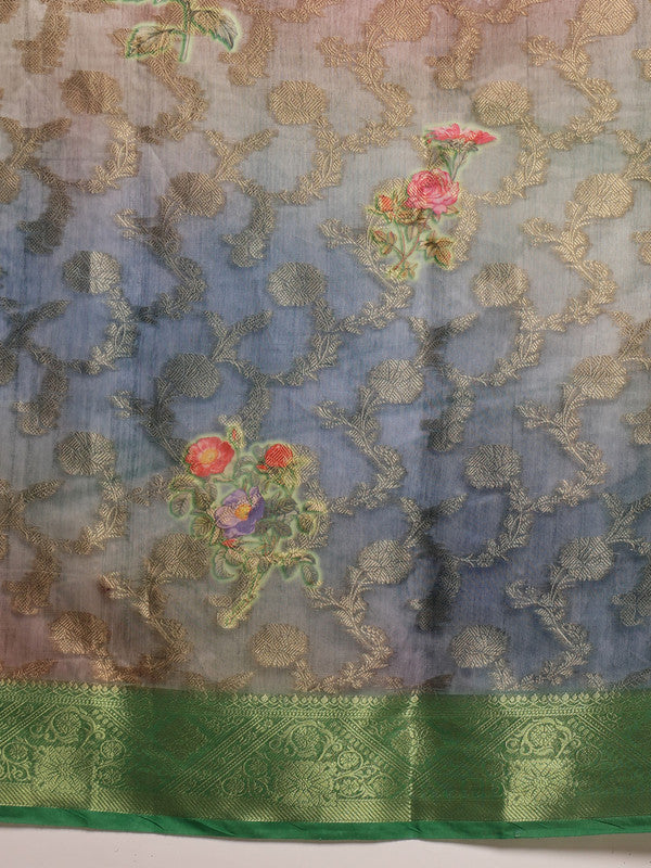 Green Cotton Digital Print Floral Saree with Unstitched Blouse - Hiral Fashion