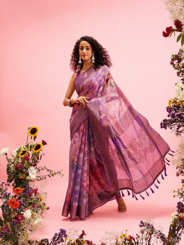 Lavender Cotton Digital Print Floral Saree with Unstitched Blouse - Hiral Fashion