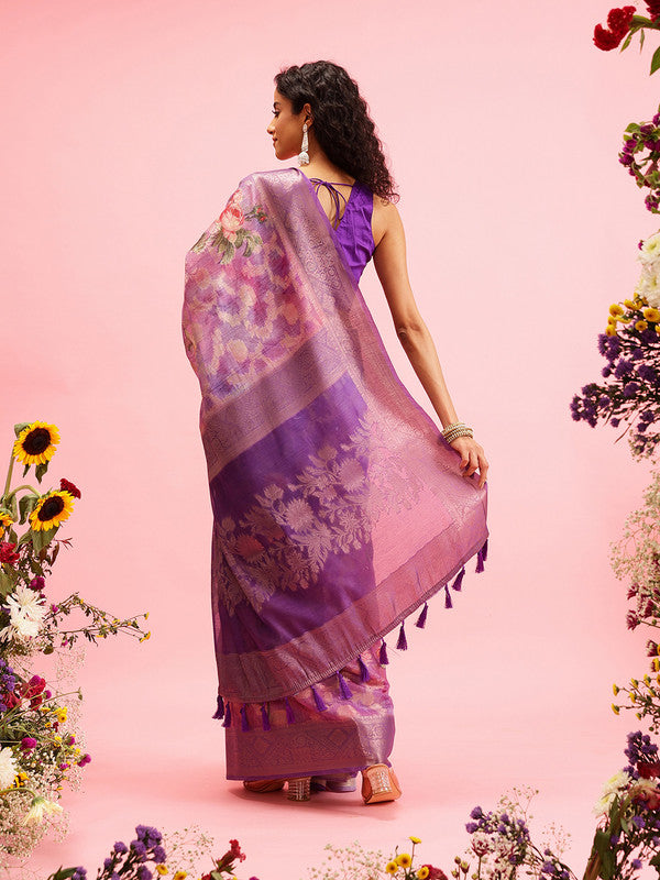 Lavender Cotton Digital Print Floral Saree with Unstitched Blouse - Hiral Fashion