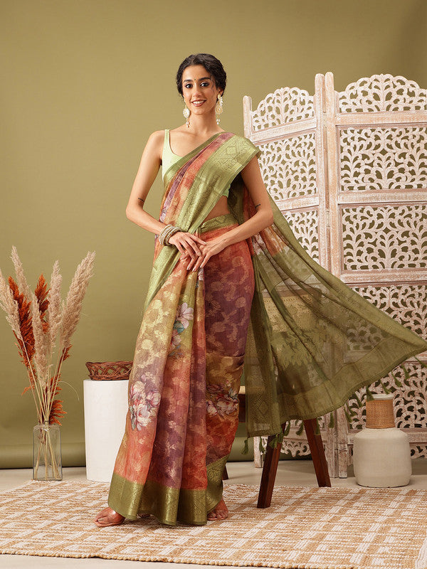 Olive Cotton Digital Print Floral Saree with Unstitched Blouse - Hiral Fashion