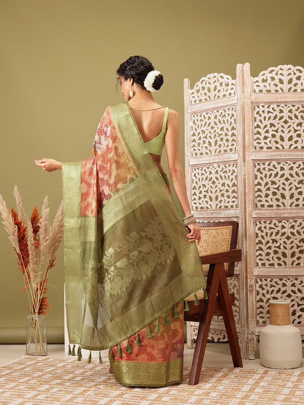 Olive Cotton Digital Print Floral Saree with Unstitched Blouse - Hiral Fashion