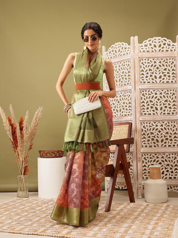 Olive Cotton Digital Print Floral Saree with Unstitched Blouse - Hiral Fashion