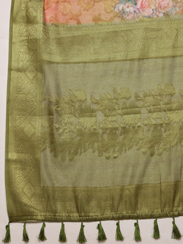 Olive Cotton Digital Print Floral Saree with Unstitched Blouse - Hiral Fashion