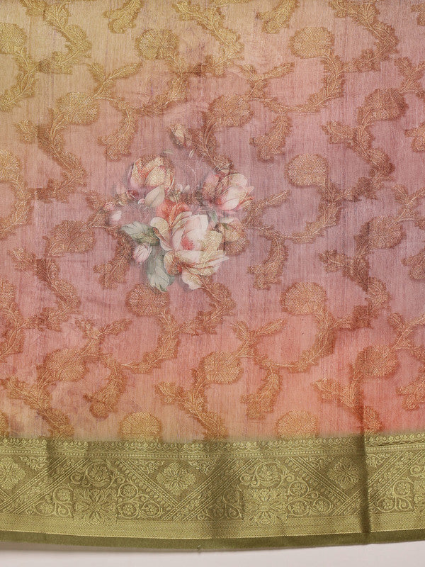 Olive Cotton Digital Print Floral Saree with Unstitched Blouse - Hiral Fashion