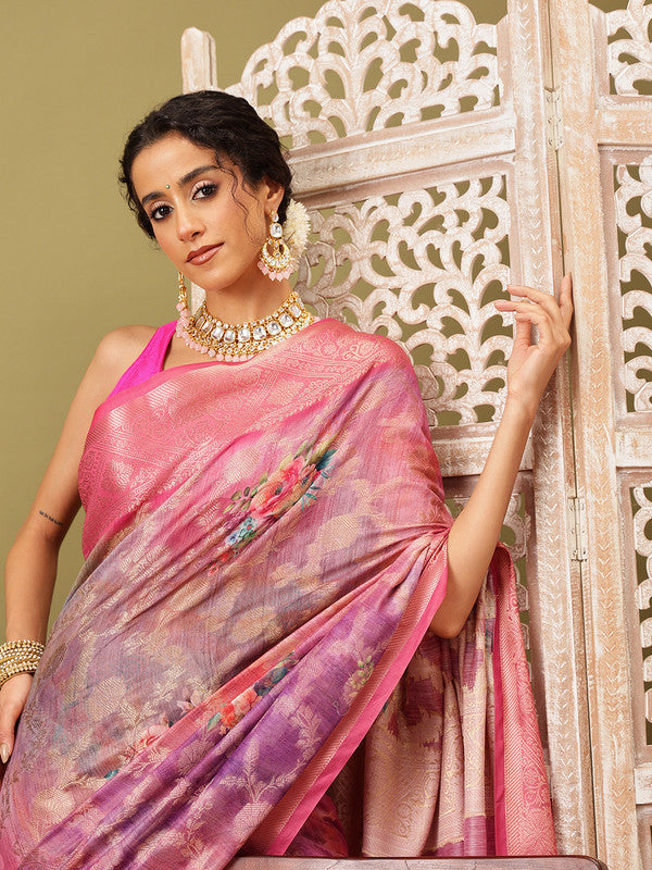 Pink Cotton Digital Print Floral Saree with Unstitched Blouse - Hiral Fashion