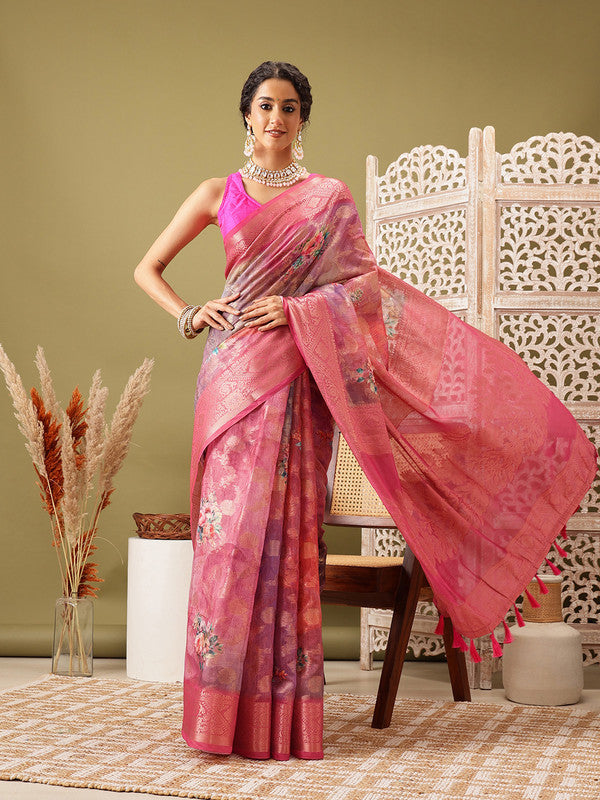 Pink Cotton Digital Print Floral Saree with Unstitched Blouse - Hiral Fashion