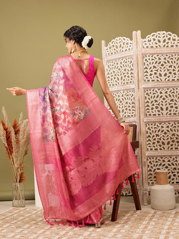 Pink Cotton Digital Print Floral Saree with Unstitched Blouse - Hiral Fashion
