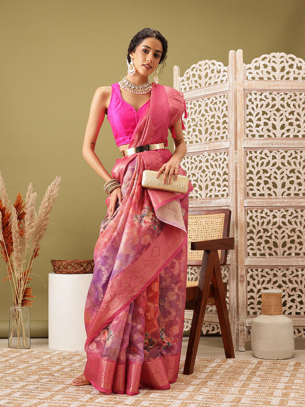 Pink Cotton Digital Print Floral Saree with Unstitched Blouse - Hiral Fashion