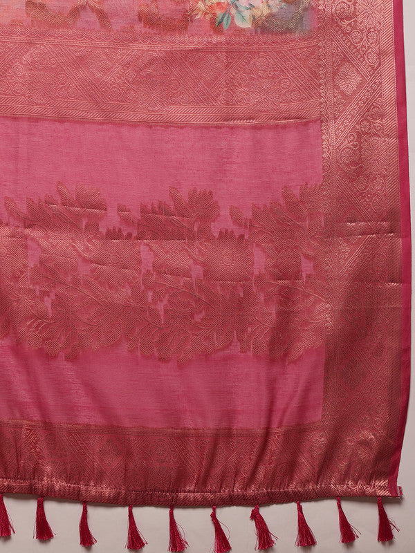 Pink Cotton Digital Print Floral Saree with Unstitched Blouse - Hiral Fashion