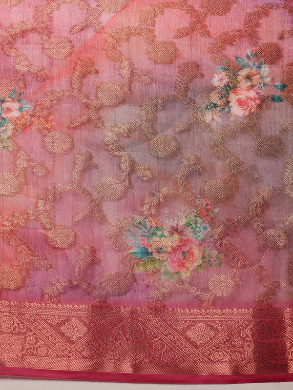 Pink Cotton Digital Print Floral Saree with Unstitched Blouse - Hiral Fashion