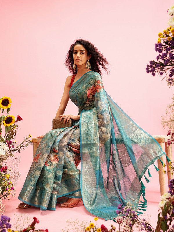 Turquoise Cotton Digital Print Floral Saree with Unstitched Blouse - Hiral Fashion